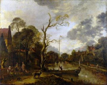 A View Along A River Near A Village At Evening Artwork by Aert van der Neer