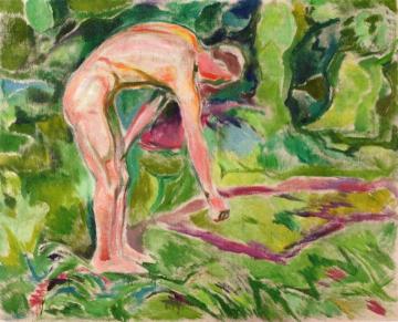 Male Nude in the Woods Leaning Forwards Artwork by Edvard Munch