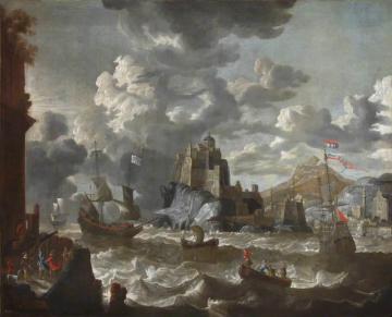 A Mediterranean Port Scene With Shipping In Choppy Seas And With A Fort In The Centre Artwork by Peter van den Velde