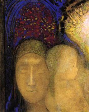 Woman and Child against a Stained Glass Background Artwork by Odilon Redon
