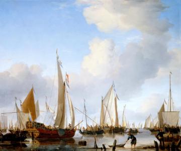 Calm, A States Yacht Under Sail Close To The Shore With Many Other Vessels Artwork by Willem van de Velde the Younger
