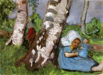 Child with Doll Sitting on a Birch Trunk Artwork by Paula Modersohn-Becker