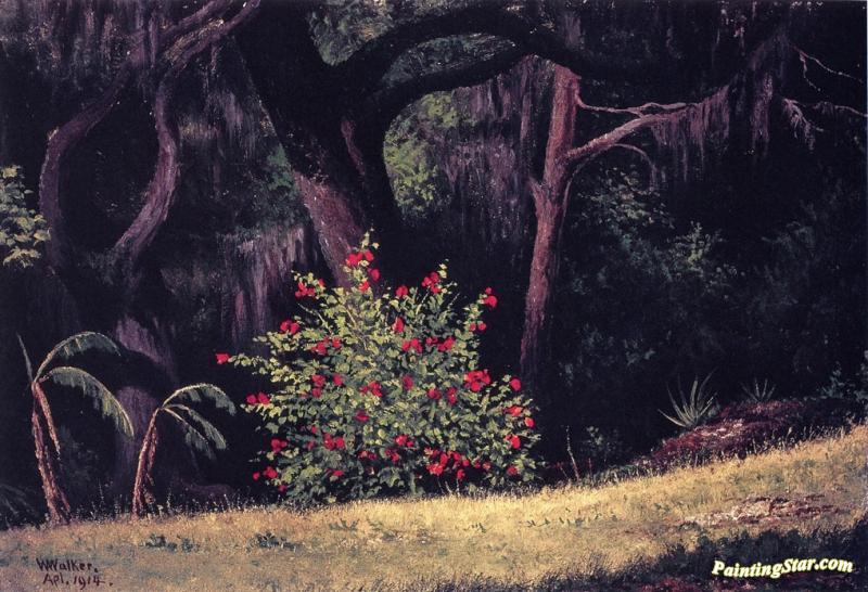 Woodland Scene With Red-flowered Bush Artwork by William Aiken Walker