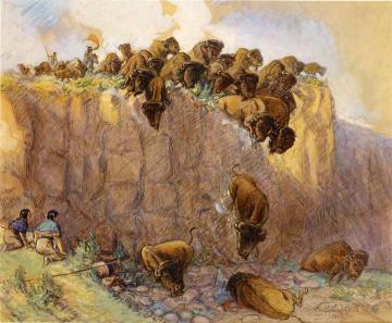 Driving Buffalo Over the Cliff Artwork by Charles Marion Russell