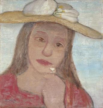 Young Girl With Straw Hat And A Flower In Her Hand Artwork by Paula Modersohn-Becker