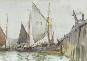 A Lowestoft trawler coming alongside the quay Artwork by Henry Scott Tuke