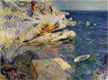 Rocks And White Boat, Javea Artwork by Joaquin Sorolla y Bastida