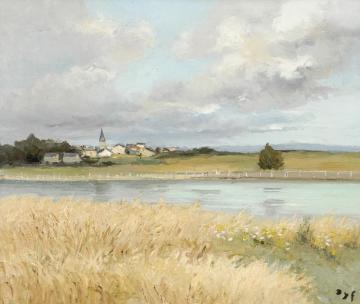 River Landscape With A Village In The Distance Artwork by Marcel Dyf