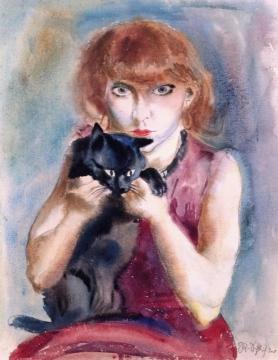 My Wife with Cat Artwork by Rudolf Schlichter