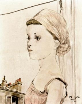 Girl with a Striped Head Scarf Artwork by Tsuguharu Foujita