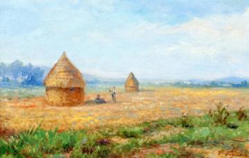 Field Of Wheat With Haystacks Artwork by Victor Vignon