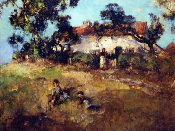 Children Playing Near A Cottage Artwork by Edward Arthur Walton