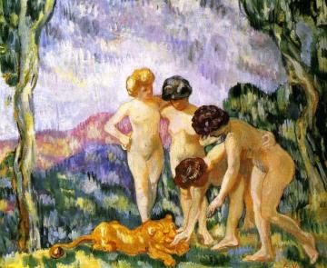 Girls Playing With A Lion Cub Artwork by Louis Valtat