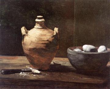 Still Life With Ceramic Jug, Eggs And Knife Artwork by Theodule Ribot