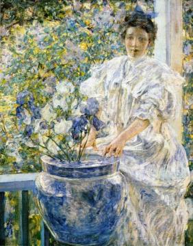 Woman on a Porch with Flowers Artwork by Robert Lewis Reid