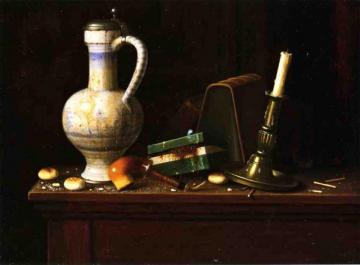 Still Life With Blue And White Pitcher, Tobacco Case And Pipe Artwork by William Michael Harnett