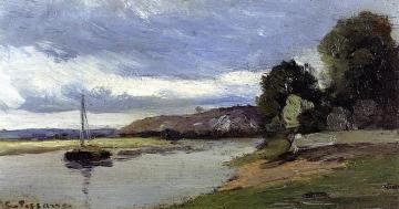 Banks of a River with Barge Artwork by Camille Pissarro