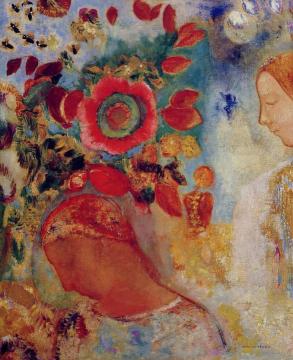 Two Young Girls Among Flowers Artwork by Odilon Redon