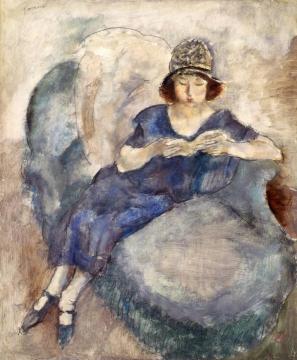 Girl In Blue Dress On Sofa, Reading Artwork by Jules Pascin
