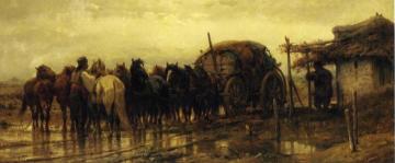 Hitching Horses to the Wagon Artwork by Adolf Christian Schreyer