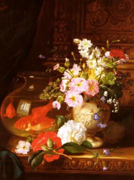 Still Life With Camellias, Primroses And Lily Of The Valley In An Urn By A Goldfish Bowl Artwork by John Wainwright