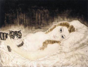 Youki With Cat Artwork by Tsuguharu Foujita