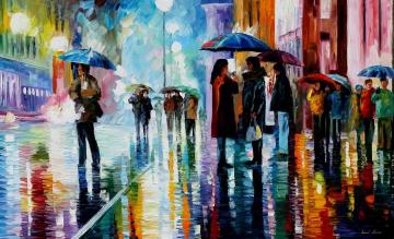 Bus Stop ,under The Rain Artwork by Leonid Afremov