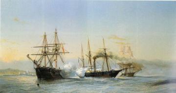 Naval combat near Mogador, ca. 1845 Artwork by Jean-Baptiste-Henri Durand-Brager