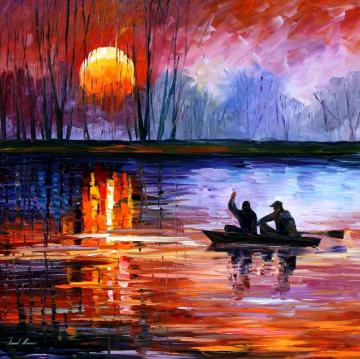 Fishing on the lake Artwork by Leonid Afremov