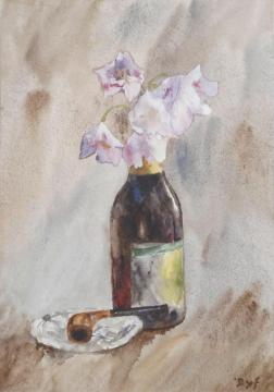 Sweet Peas In A Bottle, A Pipe Resting Beside Artwork by Marcel Dyf