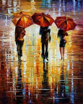 Three red umbrellas Artwork by Leonid Afremov