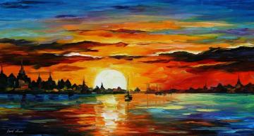 Sunrise in the harbor Artwork by Leonid Afremov