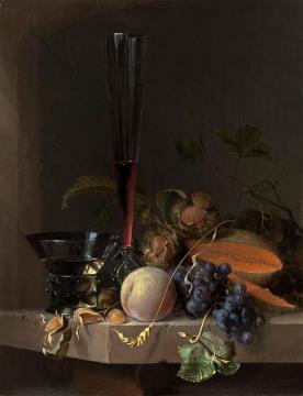A Still Life Of Fruit And Nuts And Two Glasses On A Stone Ledge Before A Niche Artwork by Jacob van Walscapelle