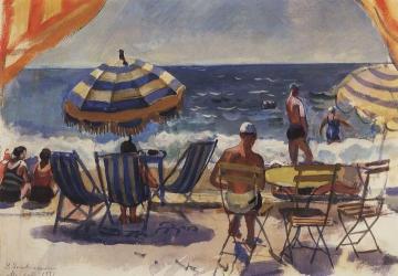 Menton. Beach with umbrellas Artwork by Zinaida Serebriakova