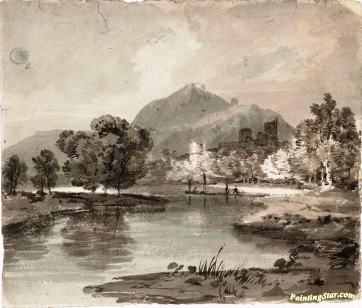 A River with a Ruined Castle among Trees and a Mountain Beyond Artwork by Joseph Mallord William Turner