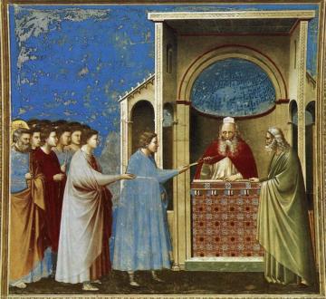 Scenes From The Life Of The Virgin: 3. The Bringing Of The Rods To The Temple (cappella Scrovegni (arena Chapel), Padua) Artwork by Giotto di Bondone