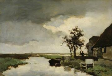 A Dutch Canal Artwork by Johan Hendrik Weissenbruch