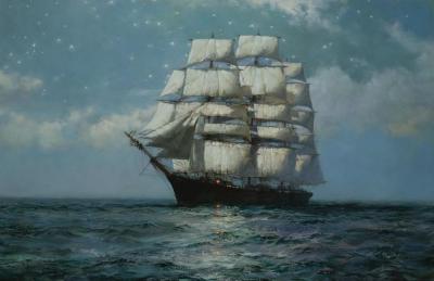 A Clipper Ship In A Moonlit Sea Artwork by Montague Dawson