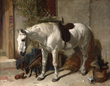 A Grey Horse With A Goat, A Toy Spaniel And A Cat Artwork by John Frederick Herring, Sr