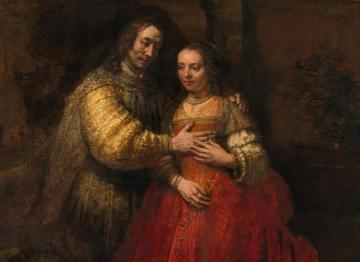 Portret van een paar als Oud-Testamentische figuren, genaamd Het Joodse bruidje Artwork by Rembrandt van Rijn