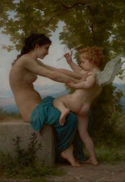 A young girl defending herself against Eros Artwork by William Adolphe Bouguereau