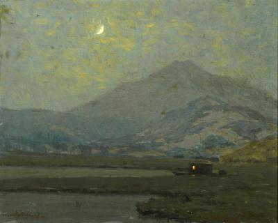 Mount Tamalpais In Moonlight With A Moored Vessel In The Marshes Below Artwork by Granville Redmond