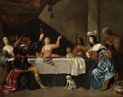 An Interior Scene With Musicians And Elegant Figures Dining Artwork by Jan van Bijlert