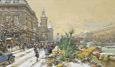 Le Quai Aux Fleurs Et La Conciergerie Artwork by Eugene Galien-Laloue