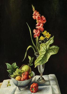 Still Life With Fruit And Flowers On A Table Top Artwork by Thomas Hart Benton