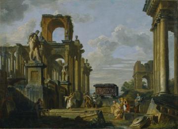 An Architectural Capriccio Of The Roman Forum With Philosophers And Soldiers Among Ancient Ruins Artwork by Giovanni Paolo Pannini