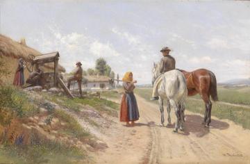 Hermann Reisz Begegnung vor dem Dorf Artwork by Hermann Reisz