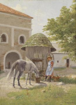 Hermann Reisz Madchen mit Pferd am Brunnen Artwork by Hermann Reisz