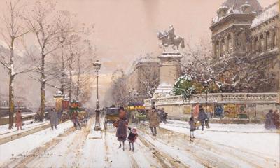 Les Quais Et La Statue Saint Marcel Artwork by Eugene Galien-Laloue