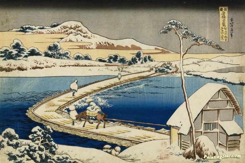 Pontoon Bridge At Sano,kozuke Province, Ancient View Artwork by Katsushika Hokusai